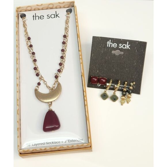 The Sak Gold Tone Fall Jewelry Set Burgundy Olive Green Bohemian Style Gift NWT - Picture 1 of 10